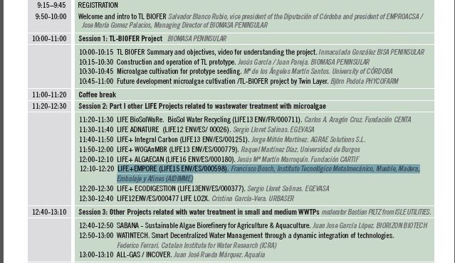 AIDIMME presenta el proyecto LIFE-EMPORE en la Jornada Técnica “Eliminación de Nitrógeno y Fósforo de Agua Residuales” organizada por el proyecto LIFE TL BIOFER