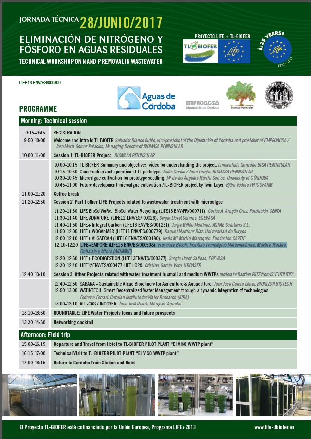 AIDIMME presenta el proyecto LIFE-EMPORE en la Jornada Técnica “Eliminación de Nitrógeno y Fósforo de Agua Residuales” organizada por el proyecto LIFE TL BIOFER